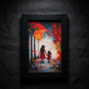 Hand-painted frame of two sisters in red walking a leaf-strewn autumn path beneath a lamppost