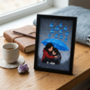 Framed painting of two sisters sheltering under a blue umbrella from raindrops labelled fear, stress and anxiety