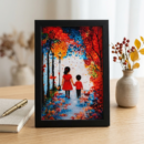 Hand-painted frame of a big sister in red leading her little brother down an autumn path